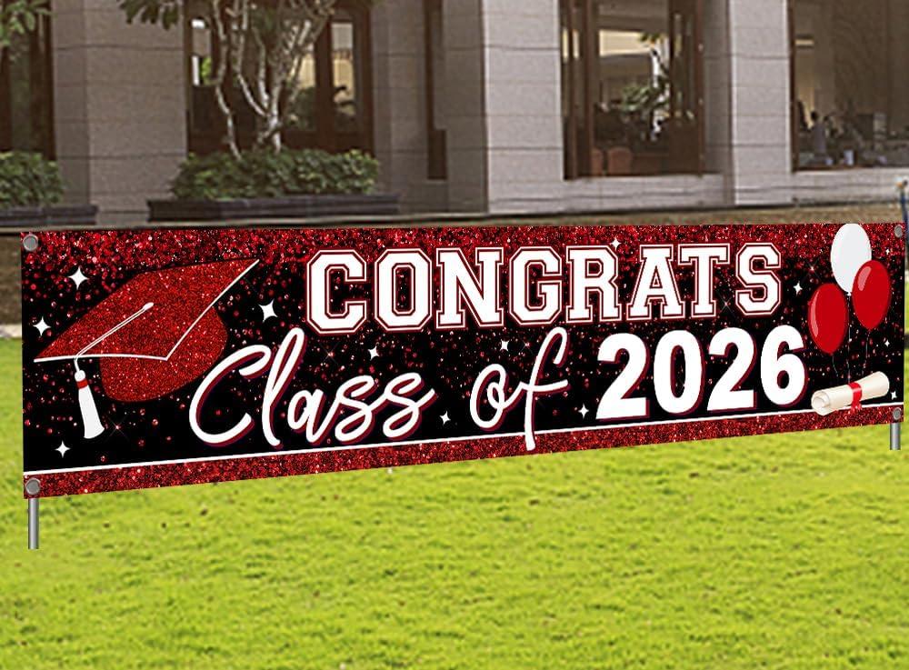 Large Congrats Class of 2026 Banner Red Backdrop Graduation 2026 Yard Sign for Graduation Party Supplies Graduation Decorations 2026(Red)