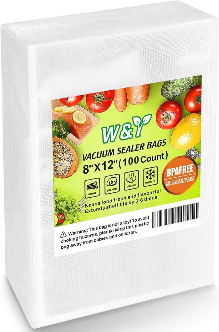 W&Y 100 Single-Ply Vacuum Sealer Bags (8"x12" Quart)  Pre-Separated, Commercial Grade, BPA Free for Food Storage, Sous Vide & Meal Prep  1 Pack (100 Count)
