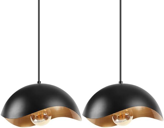 Modern Wave Pendant Light, 11" Black and Gold Dome Shade, LED Ceiling Light Fixture with Globe Bulb, Contemporary Hanging Light for Kitchen, Dining Room, Bedroom (2 Pack)
