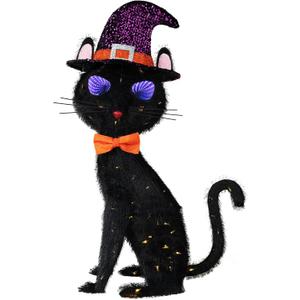 3.5FT Black Cat Halloween Decor, Flashing Eyes Scary Halloween Cat Decor with Witch Hat, Light-Up Black Cat with 125 LED for Outdoor Indoor Yard Porch Lawn Garden