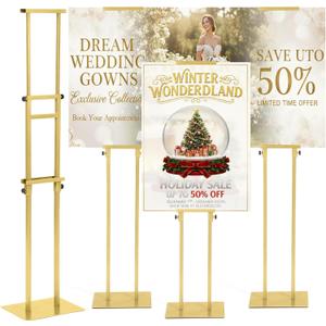 Thyle 3 Pcs Gold Wedding Poster Board Holder Stand Height up to 80" Heavy Duty Welcome Sign Stand Double Sided Easel Holder with Base Adjustable Portable Sign for Wedding Restaurant(Metal)