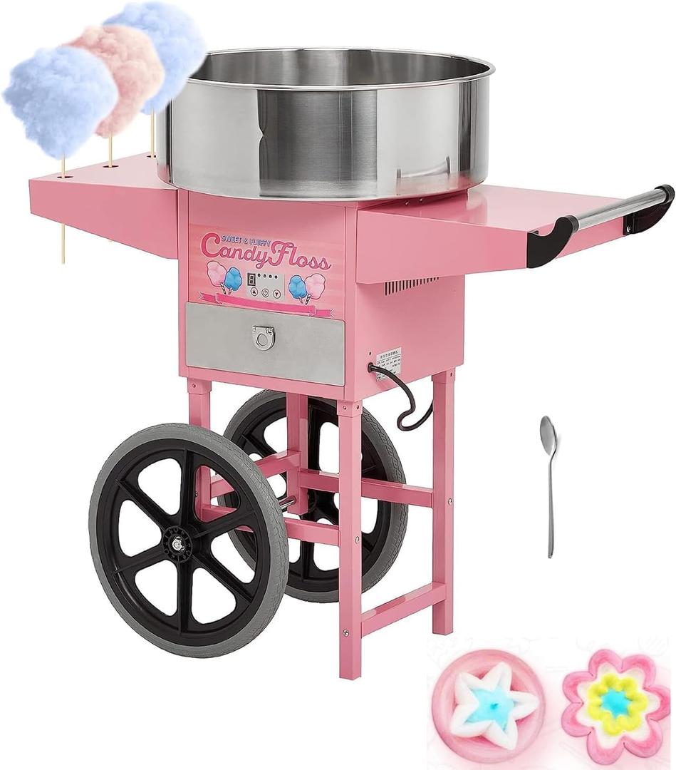 Electric Candy Cotton Machine With 20 Inch Stainless Steel Bowl,Cotton- Candy Maker Machine for Kids With Cart,Nostalgia Candy Cart Commercial For Party, Home,Festival,Amusement Park,Carnival,Pinks