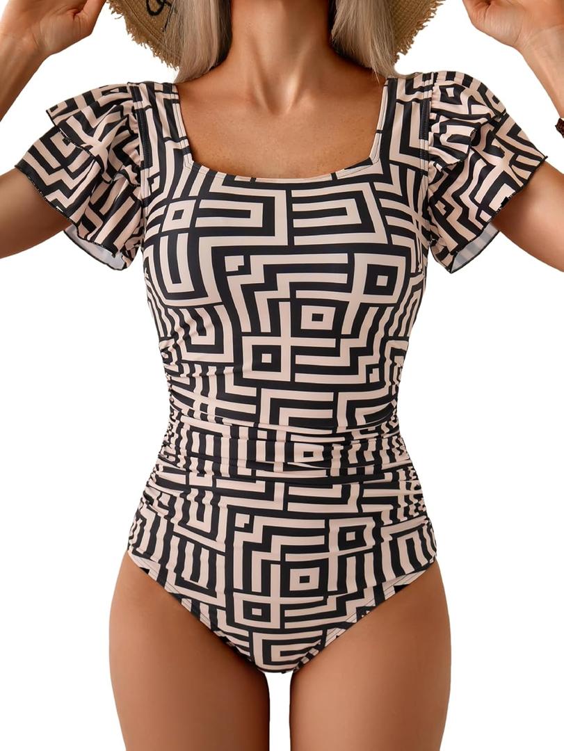 Eomenie Women's Tummy Control One Piece Swimsuit Ruffle Square Neck Bathing Suit Ruched Cutout Back Slimming Swimwear (Large, Black Yellow Print)