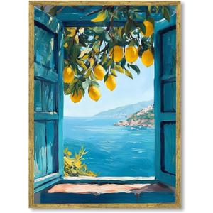 Mediterranean Window View Poster Coastal Wall Art Seaside Wall Decor Lemon Tree Canvas Print For Living Room Bedroom Office 12x16inch Golden frame