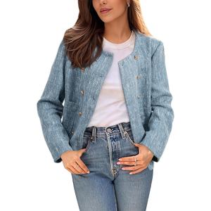 Happy Sailed Womens Cropped Tweed Blazers Casual Long Sleeve Double Breasted Open Front Blazer Jackets Work Suits (Medium, Blue)