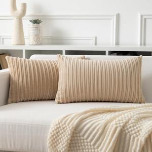 Kevin Textile Corduroy Pillow Covers 12x20 Inch Set of 2 Super Soft Boho Striped Pillow Covers Decorative Textured Throw Pillows for Couch Cushion Bed Livingroom Beige