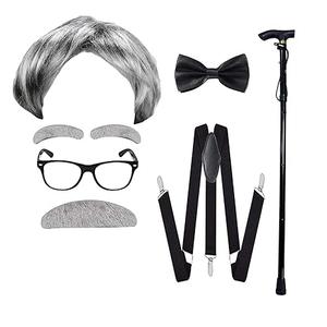 Yaliuliu Old Man Wig Costume for Kids 100 Days of School DressUp with Grandpa Vibes,Complete with Suspender,Cane, Glasses, Gray Wig, Ideal for Halloween Cosplay and for Adults and Boys