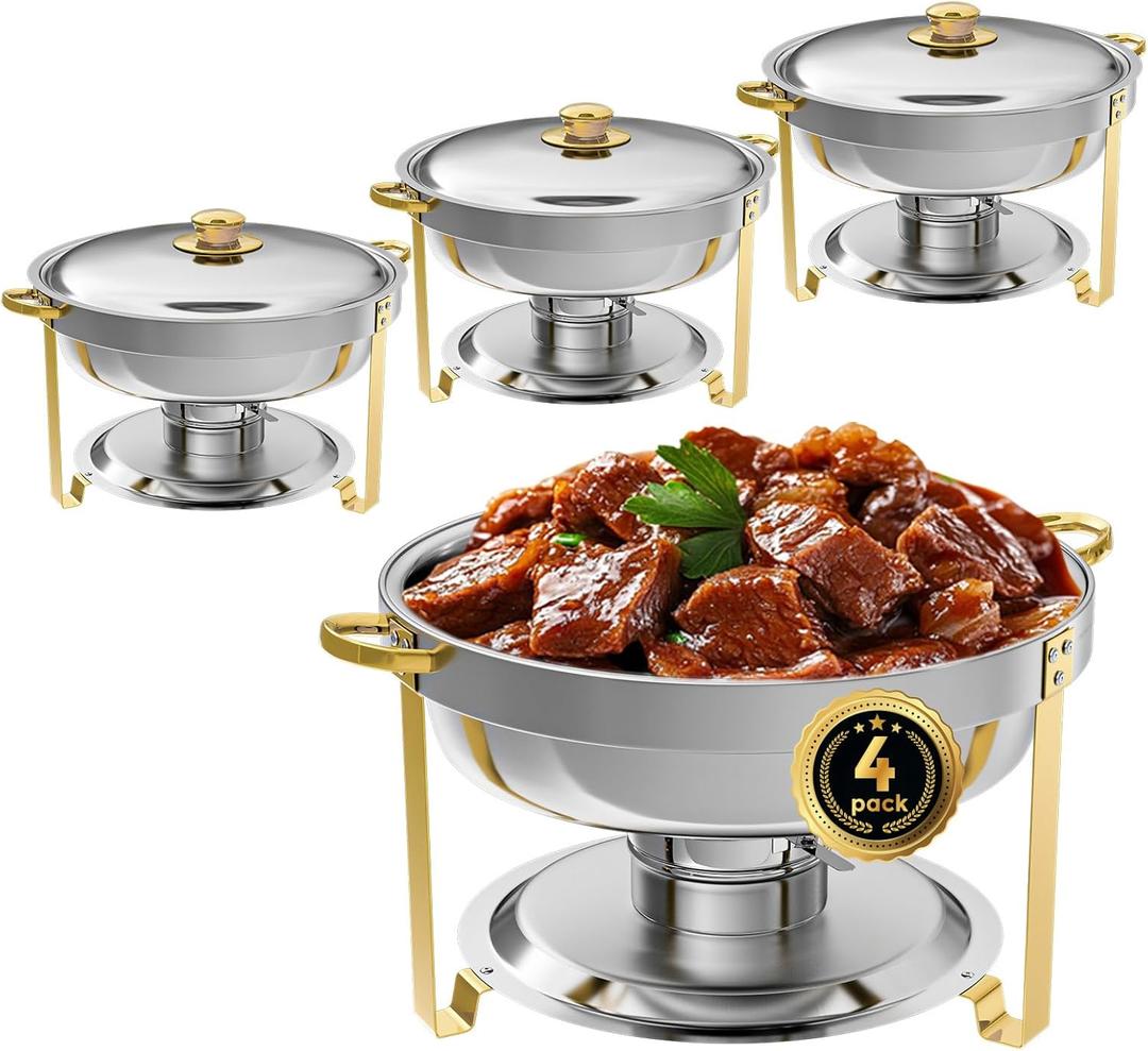 Chafing Dish Buffet Set of 4, 5QT Round Stainless Steel Chafer for Catering, Upgraded Chafers and Buffet Warmer Sets w/Food & Water Pan, Lid, Gold Frame, Fuel Holder for Party Wedding Holiday (4-Pack)