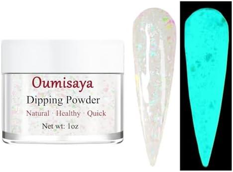 OUMISAYA Glow in the dark Holographic Nail Clear Dip Powder Colors 1OZ Pefect Top Coat Powder with opal foils for black nails art