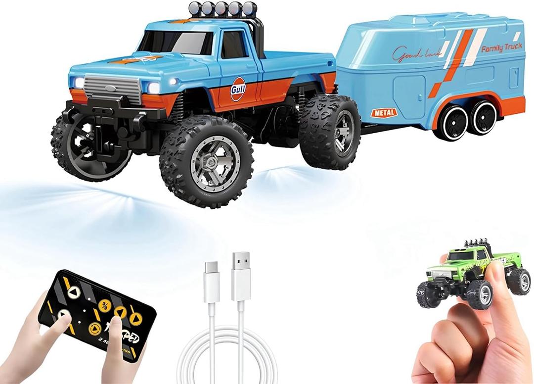 Mini RC Car, 1/64 Scale Mini Remote Control Monster Truck with Trailer, 2.4Ghz & APP Remote Control, Rechargeable Alloy Shell Mini RC Cars with Lights, Speed/Steering Adjustable (Blue-b)
