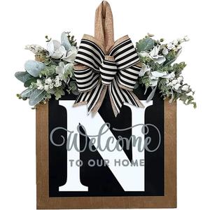 Last Name All Year Round Front Door Wreath with 26 Initial Letter Welcome Sign All Seasons Eucalyptus Garland and Bow Farmhouse, Porch, for Spring Summer Fall All Seasons Holiday Halloween Christmas.N, 11.6 inches x 11.6 inches