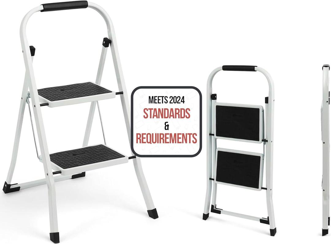 SIMPLI-MAGIC 2-Step Ladder, 350 LBS Capacity Folding Step Stool  Anti-Slip Wide Steps & Handgrip  ANSI Certified Lightweight & Durable Steel Stepping Stool for Kitchen, Home, Office & Garage