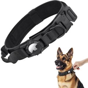 Tactical AirTag Dog Collar - Heavy Duty, Adjustable GPS Collar Compatible with Apple AirTag, with Holder & Control Handle for Medium/Large Dogs [ Black, M ] (M(15"-18.5"))