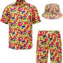 Mens Hawaiian Shirts and Shorts Set 2 Pieces Beach Outfits Summer Vacation Tropical Suit with Bucket Hats (Yellow, XS)