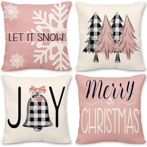 Fall Pillow Covers 18x17 Inch Set of 4 Watercolor Throw Pillows Outdoor Decorative Autumn Thanksgiving Pillowcases Linen Cushion Cases for Farmhouse Home Bed Sofa Couch (Pink)