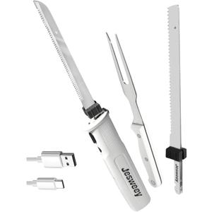 Cordless Electric Carving Knife for Meat Slicing, Fish, Bread, Turkey, Ergonomic Handle, Serving Fork Included, Storage Case& Safety Lock (White)