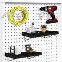 HJW Pegboard Shelf Black, 4 Pack Wooden Pegboard Shelves with Metal Pegboard Shelf Brackets Pegboard Hooks, for Craft Room, Home, Kitchen, Garage