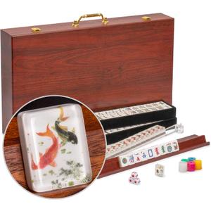 Yellow Mountain Imports American Mahjong Set, Koi Fish with Wooden Case - Four Wooden Racks, Acrylic Pushers, Wright Patterson Scoring Coins, Dice, & Wind Indicator