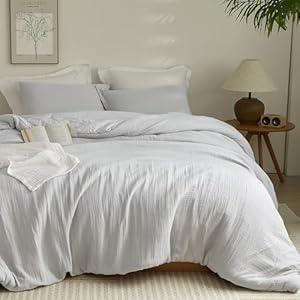 PHF Cotton Muslin Comforter Set King Size, Breathable Lightweight Super Soft Bedding Sets for All Season, 3 Pieces, 1 Comfy Comforter (104"x90"), 2 Pillow Shams(20"x36"), Light Grey