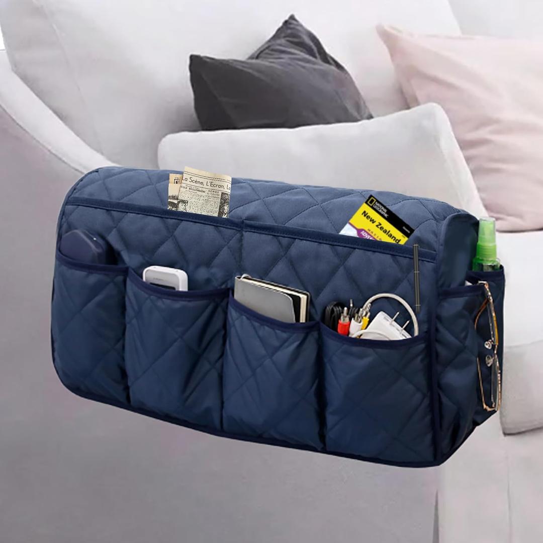 Armchair Caddy,Non Slip Recliner Organizer,Waterproof Sofa Armrest Organizer, Remote Control Holder for Recliner.Chair Arm Organizer with 14 Pockets for TV Remote, Phone, Magazine (Blue)