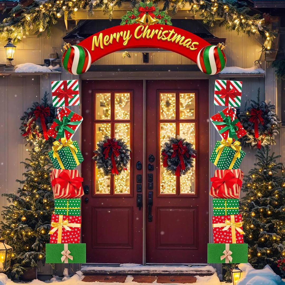 Moukeren 63.8"x29.5" Christmas Door Decorations, 3pcs Merry Christmas Gift Box Door Frame Banner Set - Side Banners, Xmas Decor with PVC Hanging Rope for Porch, Classroom, Winter Holiday Party