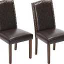 Sweetcrispy Dining Chairs Set of 2, Upholstered Leather Kitchen Room Chairs Mid Century Modern High-End Dining Room Side Chairs with Nailhead Trim and Wood Legs for Bedroom, Living Room, Brown