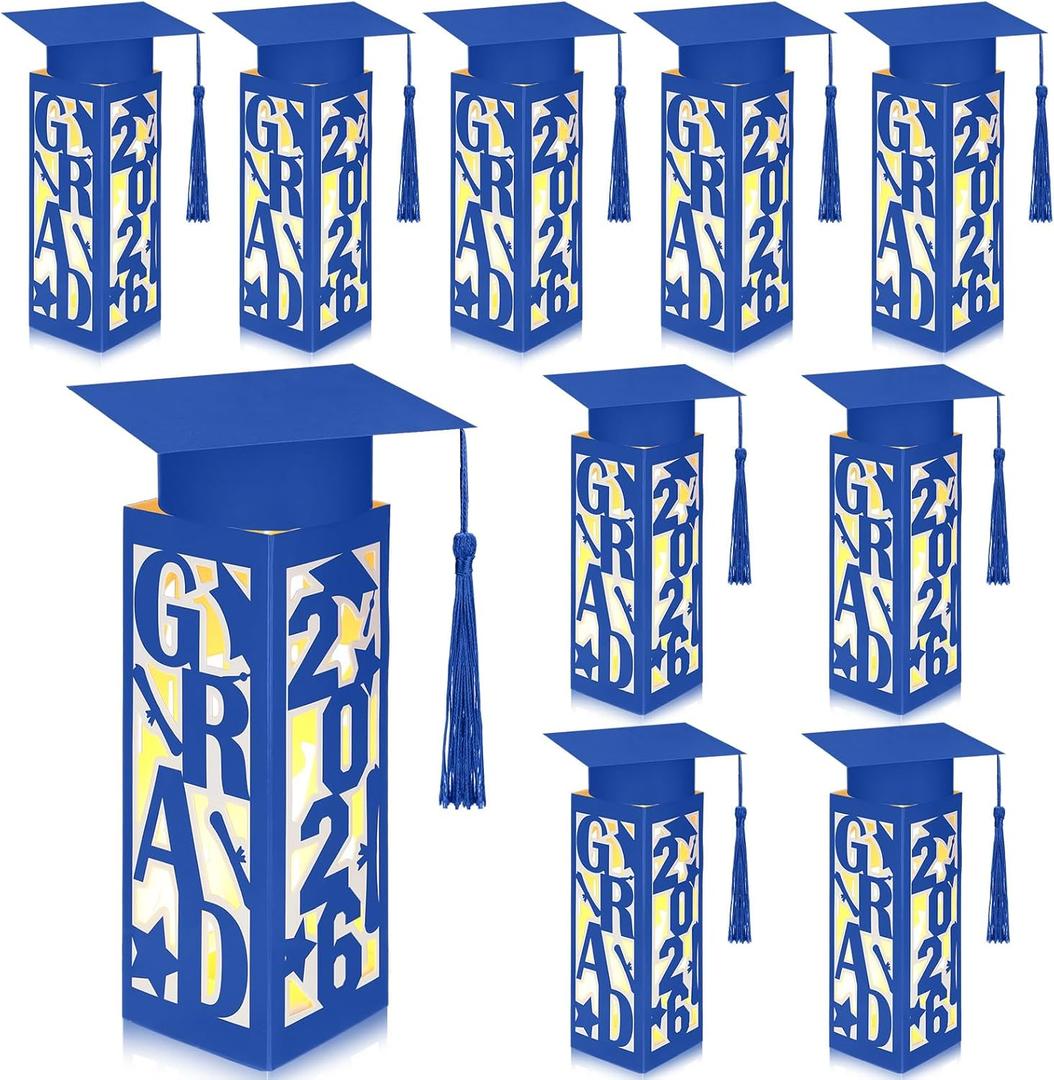 Tellingyou 9 Pcs Graduation Table Centerpieces Boxes 2026 Graduation Lantern Boxes with LED Light Small Cap Table Decorations Congrats School College Photo Props(Grad,Blue)