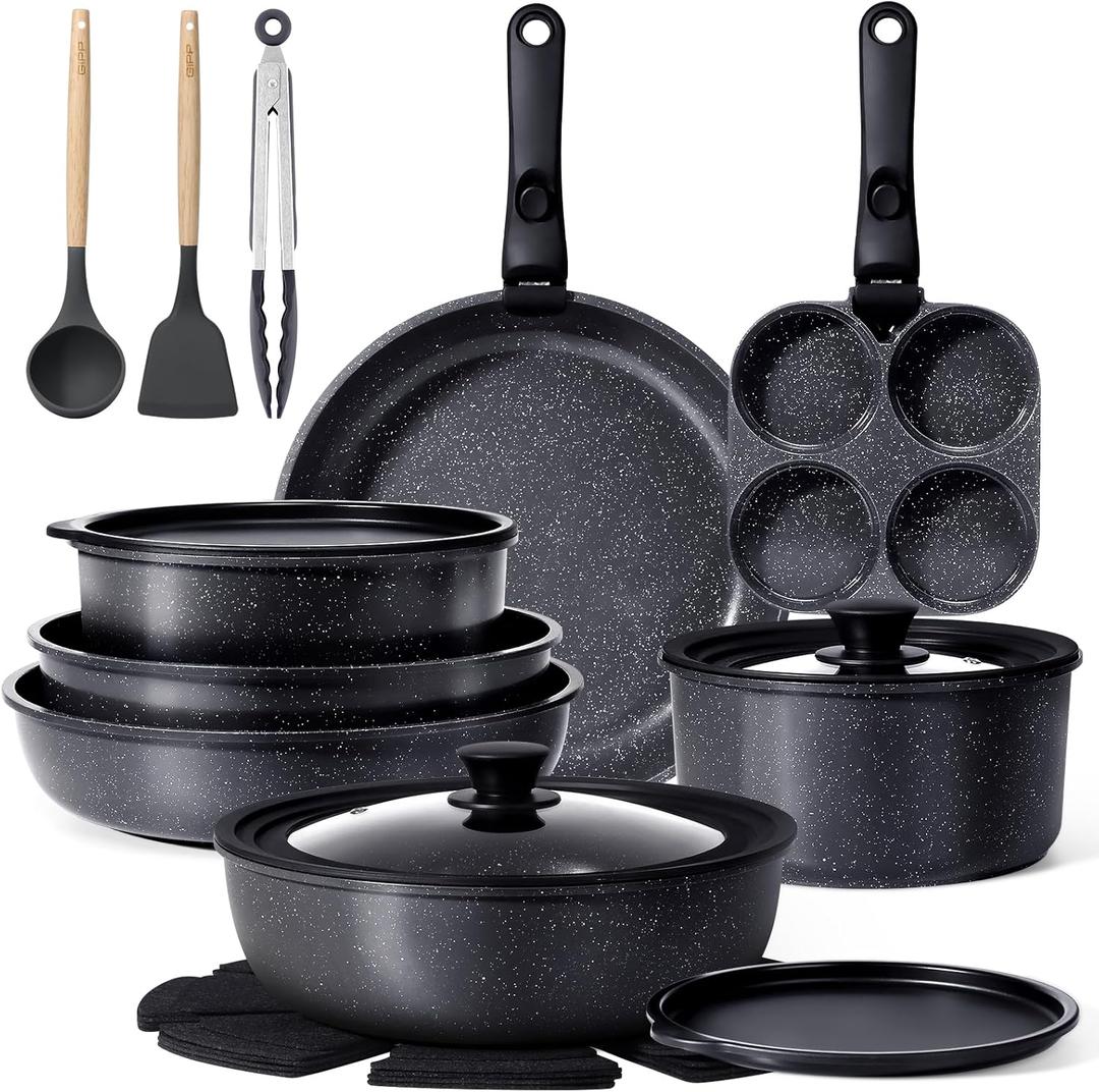 GIPP Pots and Pans Set Non Stick,Kitchen Cookware Set Detachable Handle, Non Toxic Cooking Pan Set with Frying Pans Set,RV Cookware Sets for All Stoves, Dark Grey, 21PCS, 21PCS-Big Size