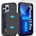 Pilaru for iPhone 13 Pro Case with Card Holder2 Pcs HD Screen Protector Slim Heavy Duty Dual Layer Shockproof DesignHidden Card Slot  Wallet Case for iPhone 13 Pro Phone Case -Black