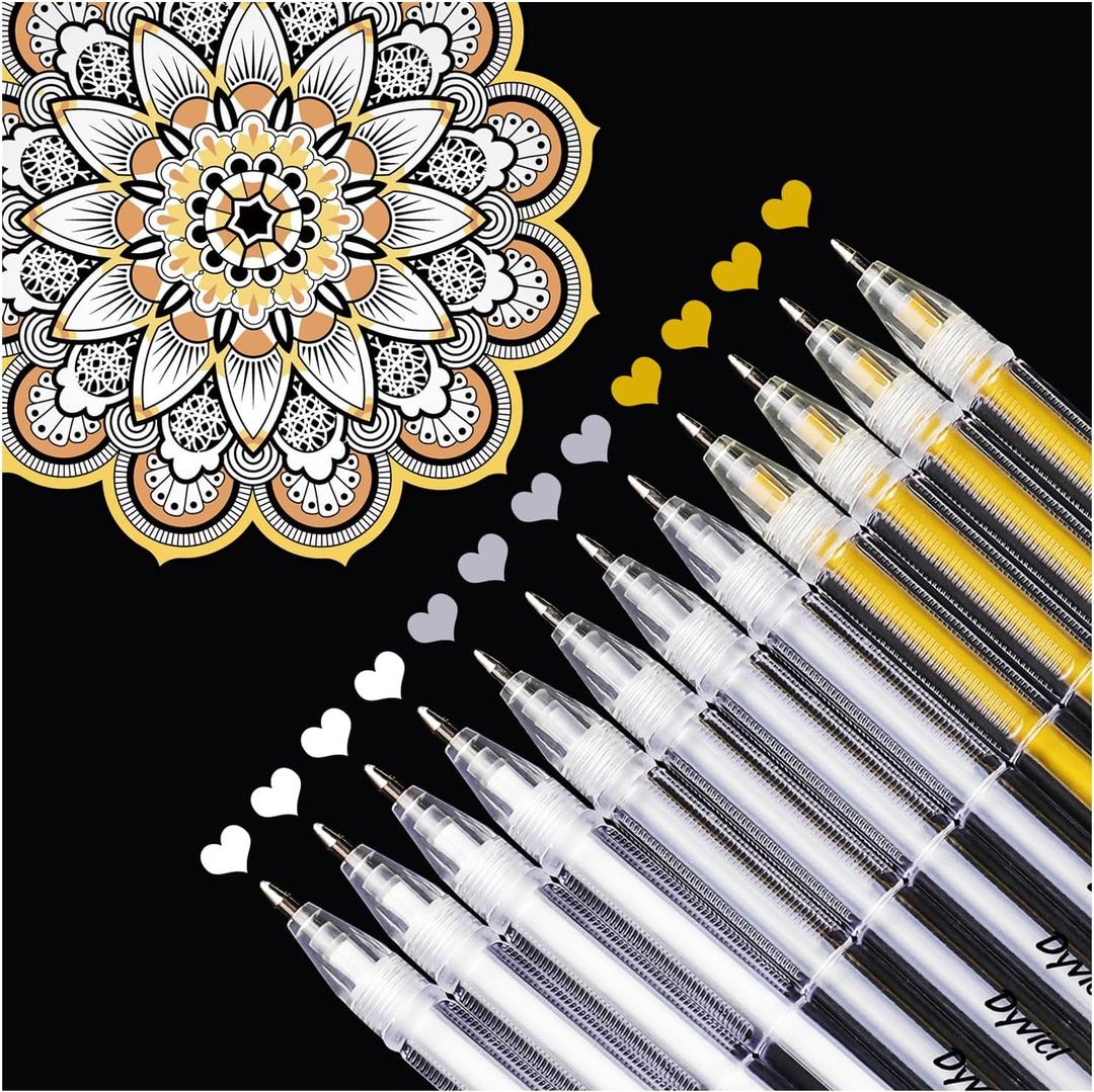 Dyvicl White Gold Silver Gel Pens, 0.8 mm Fine Point Pens Gel Ink Pens for Black Paper Drawing, Sketching, Illustration, Adult Coloring, Journaling, Set of 12