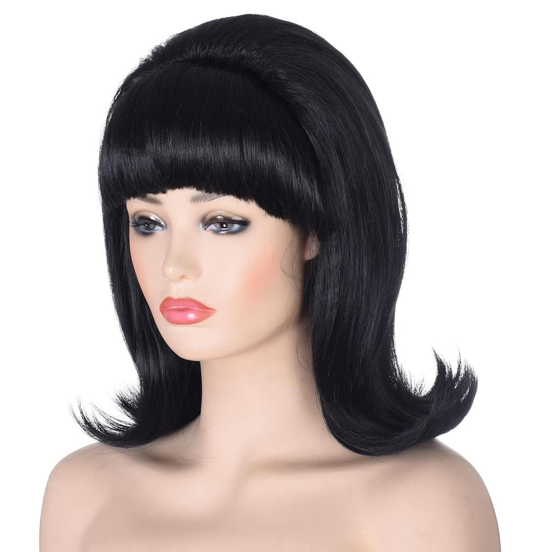 Morvally Black Beehive Wig with Retro Bangs for Women 60s 70s Pinup Bouffant Wigs for Vintage Costume Cosplay Halloween Party