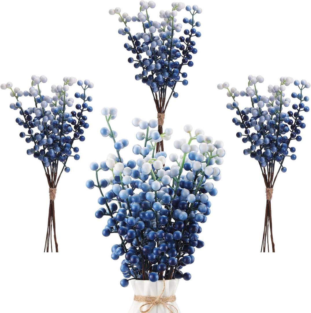 Crowye 40 Pcs 11.81 Inch Artificial Berry Picks with Stems Fake Faux Berry Picks Ornaments for DIY Craft Home Anniversary Wedding Holiday Party Decor(Blue and White)