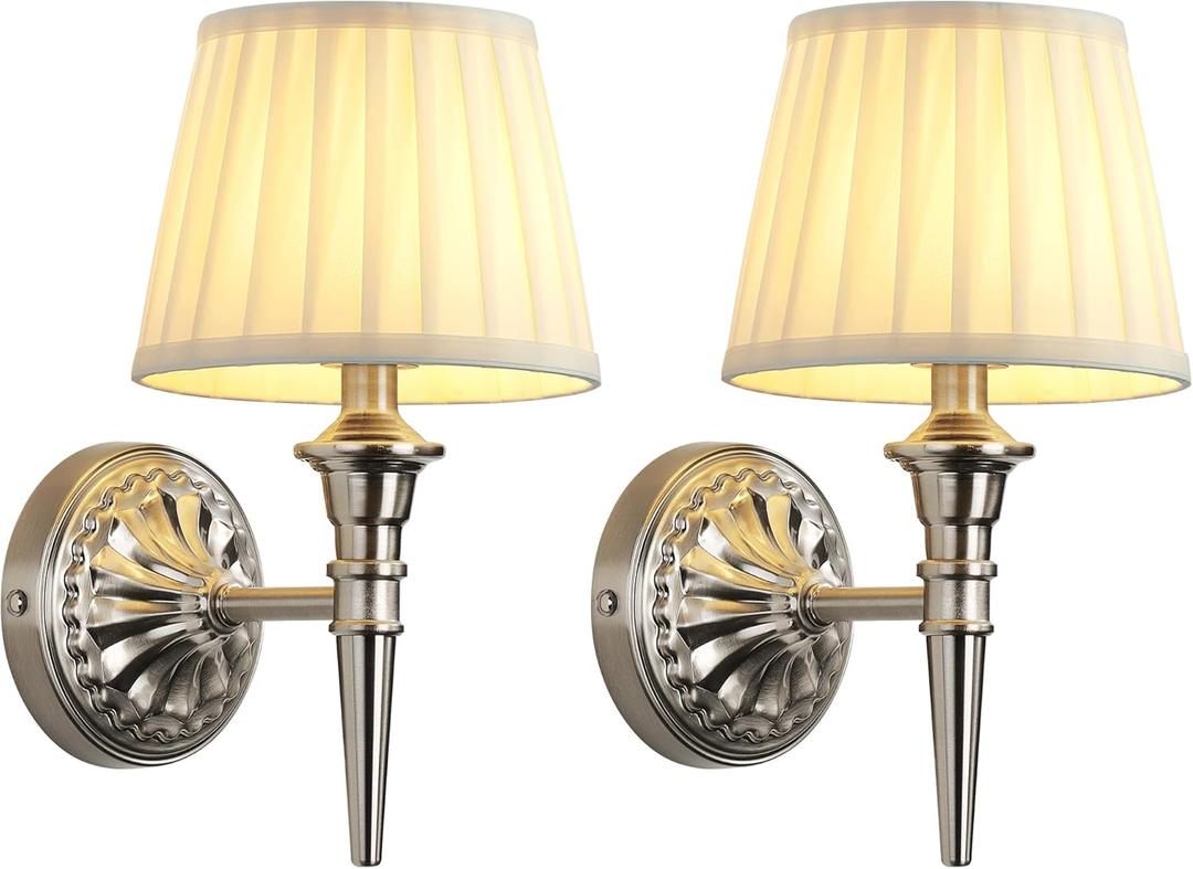 KDG Cordless Wall Sconces Set of 2, Small Wireless 5200mAh Rechargeable Battery Fabric LED Wall Lamps, Portables Lightings for Wall Painting, Living Room, Bedroom, Hallway, Gifts, Night Light (Nickel)