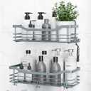 Orimade Shower Caddy Basket Shelf Storage Rack, No Drilling Wall Mounted Adhesive Rust Proof Stainless Steel Shower Organizer with 5 Hooks for Bathroom, Light Blue Grey 2 Pack