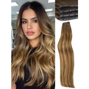 WIGNEE Double Butterfly Weft Invisible OVO Human Hair Extensions 18 Inch Micro Beads 100% Real Remy Human Hair Extensions T4/27 Highlight Honey Blonde Hair Extensions Real Human Hair for Strong Volume