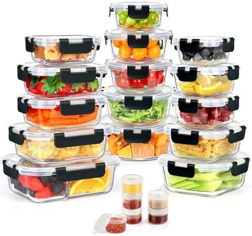 AMALEKO 42pcs Glass Food Storage Containers with Snap Locking Lids Set, Glass Meal Prep Containers (21 Container & 21 Lids),Leak Proof Lunch Containers BPA-Free,Black