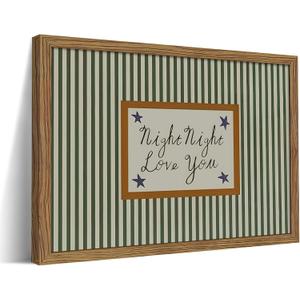 Vintage Green Wall Art, Mid Century Night Night Love You Stripe Canvas Wall Decor Painting, Modern Minimalist Nursery Striped Prints Pictures for Baby Room Kids Bedroom 16x24 Inch Framed