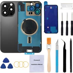 Rear Back Glass Replacement for iPhone 16 Pro Max 6.9-inches+ Pre-Installed Plate and Camera Frame and Lens + Reparing Tool Kit (Black Titanium)