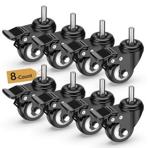 HOLKIE Stem Caster Wheels 2 inch Total Locking Casters Set of 4, Threaded Stem 3/8" -16 x 1 (Diameter 3/8", Length 1") Swivel Heavy Duty Castors Black 8 Pack