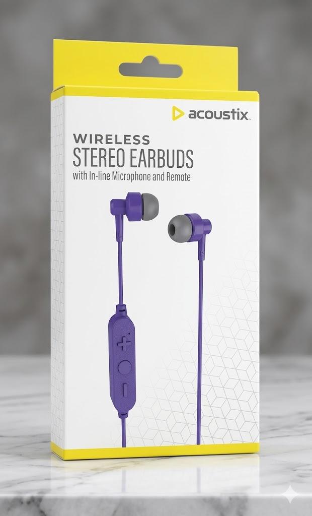 Acoustix Wireless Stereo Earbuds with In-Line Microphone and Remote 