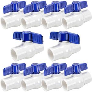 10 Pack 3/4'' PVC Ball Valve Slip, PVC Water Pipe Shut Off Valves 3/4inch with Double Socket Full Flow Port, T Handle SCH40 Plastic Control Valve for Swimming Pool, Irrigation, Sewage Pipes