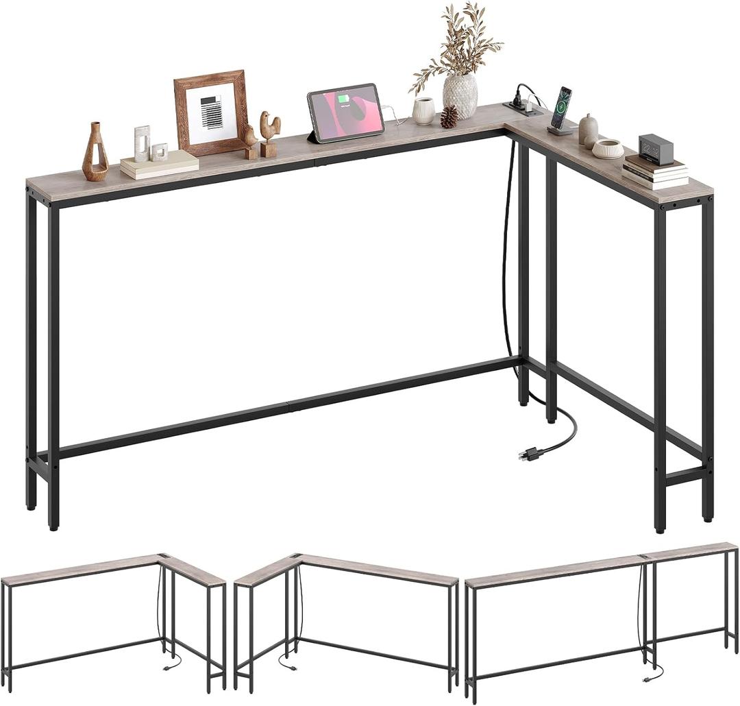 Narrow Console Table with Outlets, 78.7" Sofa Table Narrow Long, L Shaped Behind Couch Entryway Table with Charging Station, for Living Room, Hallway, 3 Assembly Options, Greige
