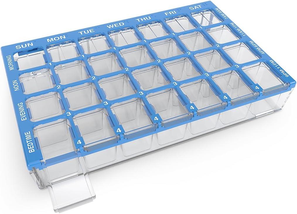 EZY DOSE Weekly AM/PM (7-Day) Daily Pharmadose Pill Planner, Medicine Case, Vitamin and Supplement Organizer, Medium Easy Fill Compartments, 4 Times a Day, 28 Compartments, Blue, BPA Free