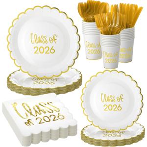 Affrolling Class of 2026 Graduation Party Supplies, 175 Pcs Congrats Grad Paper Plates Napkins and Cups Cutlery Disposable Tableware Set for College High School Congrats Decorations, Serves 25 (Gold)