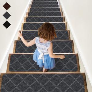 RIOLAND Stair Treads Carpet NonSlip Indoor 15 PCS Wood Stair Treads Rugs Anti Moving Modern Stair Runners Safety for Kids Dogs, 8" X 30", Diamond Gray