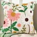 Embroidered Throw Pillow Cover - 18x18 Decorative Pillow Cover with Zipper Aesthetic Cute Design Boho Spring Summer Cozy Throw Pillowcase for Living Room Couch Sofa Bed, Pink White Flower