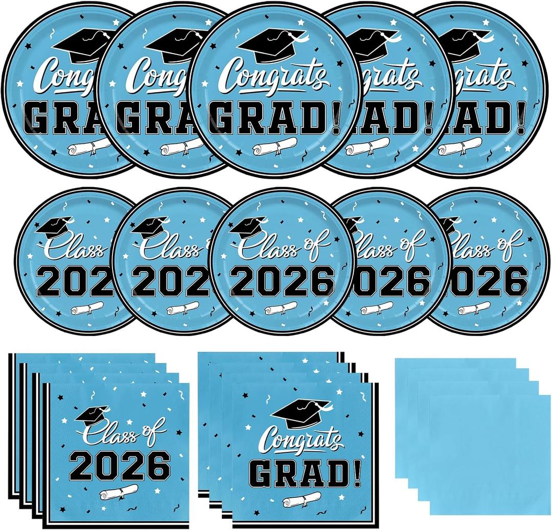 Graduation Plates and Napkins Gatherfun 2026 Graduation Party Supplies Sky Blue Disposable Paper Plates Cocktail Napkins for Congrats Grad Decorations, Serve 50