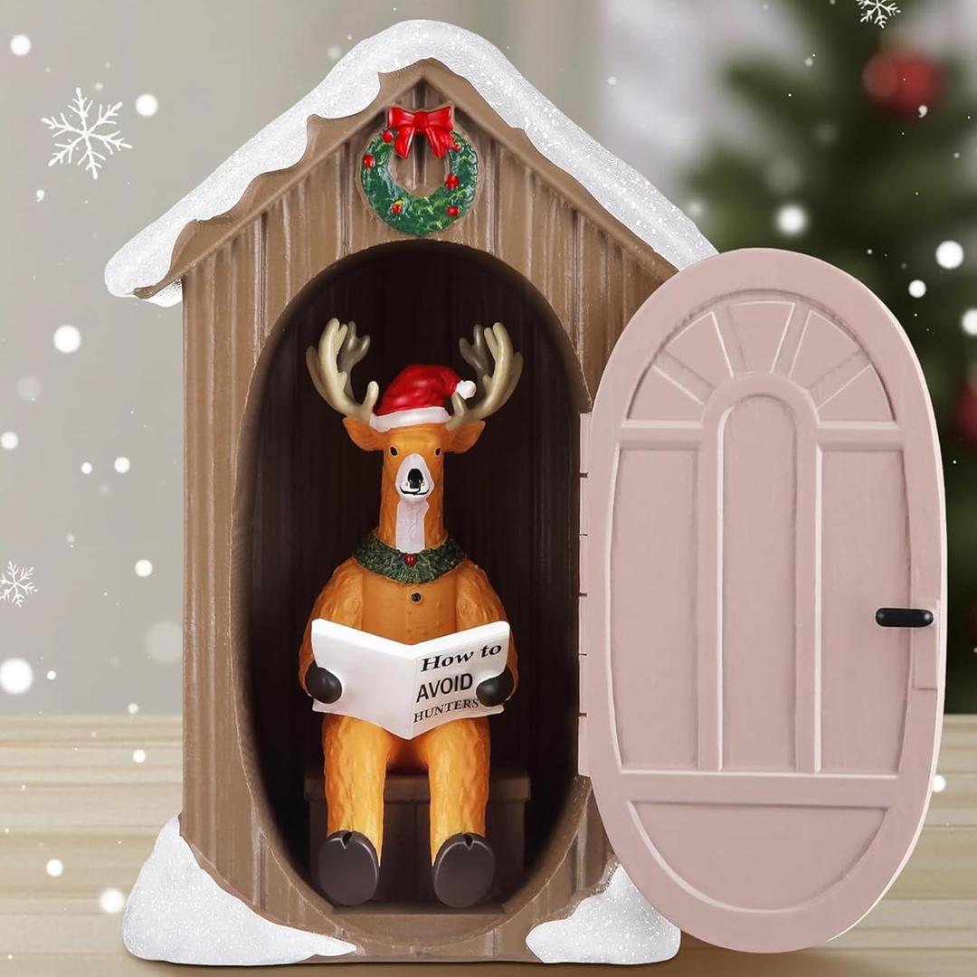 Hiboom Christmas Reindeer Figurine, Deer in Outhouse with Santa Hat & How to Avoid Hunters Magazine, Funny Christmas Decorations Indoor for Home & Office | Deer Decor, Unique Holiday Decor