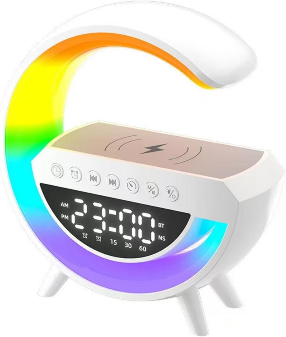 Mini G-Type Wireless Charging Speaker,Clock Alarm LED Desk Lamp All-in-One Machine, Suitable for Colored Environmental Lights in Bedrooms, Offices, and Homes