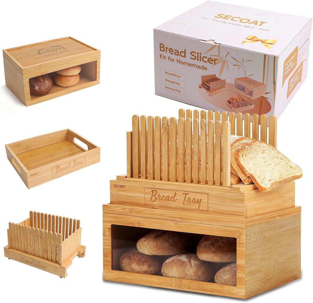 3-in-1 Bread Slicer set for Homemade Bread with Storage Box and Bread Serving Tray for Homemade Bread - Upgrade Bamboo Wooden Bread Slicer Kit - Adjustable Width, Crumb Tray, Cloth Bags